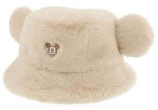 Tokyo Disney Resort Fluffy Bucket Hat Beige Mickey Ears Winter Cap Used Japan JP