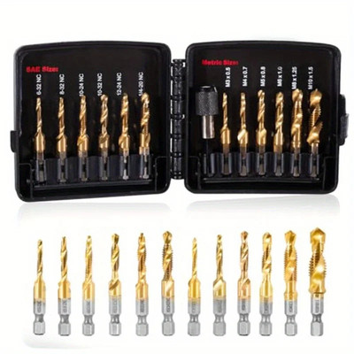 Drill Tap Set with Quick-Change Adapter of 13Pcs, 6 SAE Sizes, 6 Metric Sizes, C