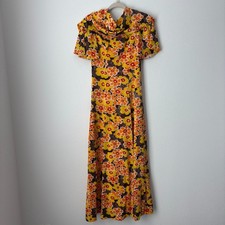 Vintage Angelo Dress Women's Yellow Orange Red Floral Maxi Psychedelic Fits XS