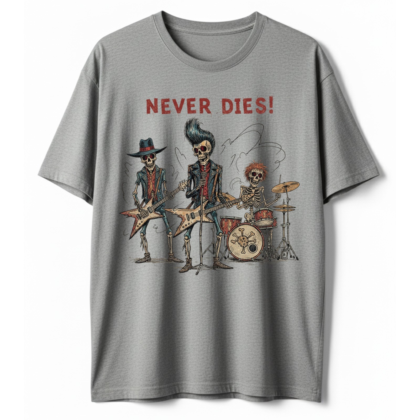 Never Dies Rock and Roll T-Shirt Skeleton Band Funny Skull Music Guitarist Tee