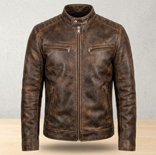 Chaqueta de cuero real envejecida vintage para hombre abrigo de motociclista café corredor
