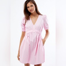 MINKPINK Lora Pink Puff Sleeve V-Neck Mini Dress Cotton Empire Waist Sz M
