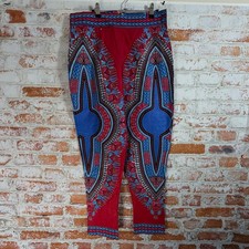 Handmade Dashiki Print Pants Womens 34 Red Blue Excellent African Tapered