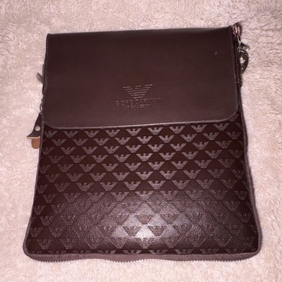 Giorgio Armani Brown Messenger Bag Logo Print Shoulder Strap Inner Pockets Men