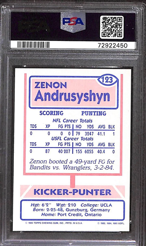 1985 Topps USFL #123 Zenon Andrusyshyn PSA 9 Mint 72922450  - Image 2 of 3