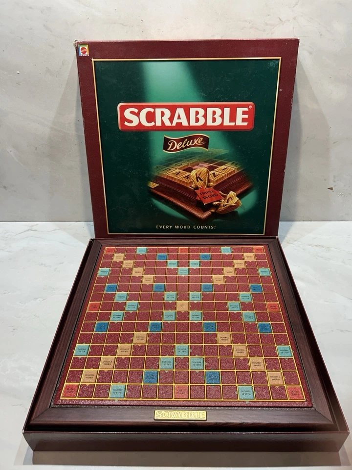 Scrabble Deluxe Wooden Tiles Rotating Board Velvet Bag Mattel -100% Complete VGC - Image 2 of 4