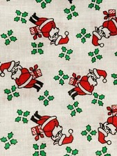 Christmas Cotton Fabric Small Santas Holly on White 5 Yards x 44"Width