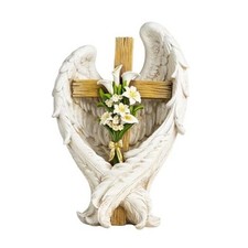 12" Angel Wings Embracing Cross and Garden Statue Memorial Statue Calla Lily