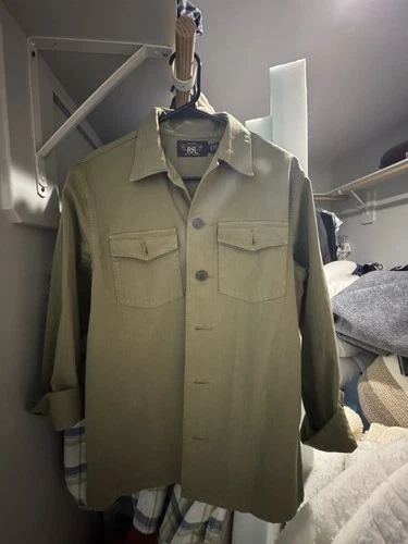 RRL Ralph Lauren Green Cotton Twill Military Jacket Shirt Pockets Size S image 13