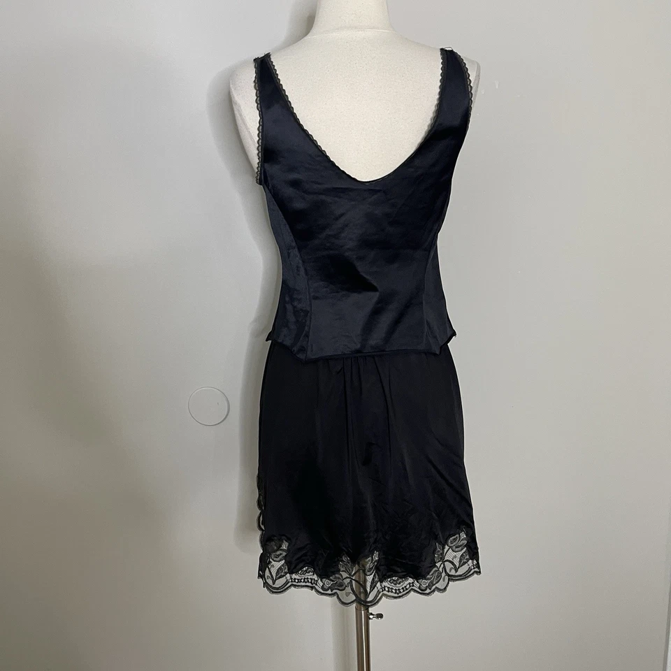 Conjunto de lencería vintage Y2K Euro negro satinado encaje talla pequeña camisola minifalda Foto 4 de 4