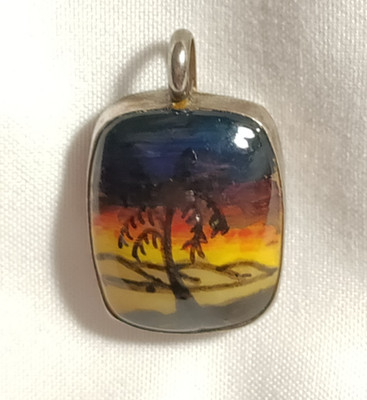 Vintage Handpainted Palm Tree on  Alabaster in Sterling Pendant