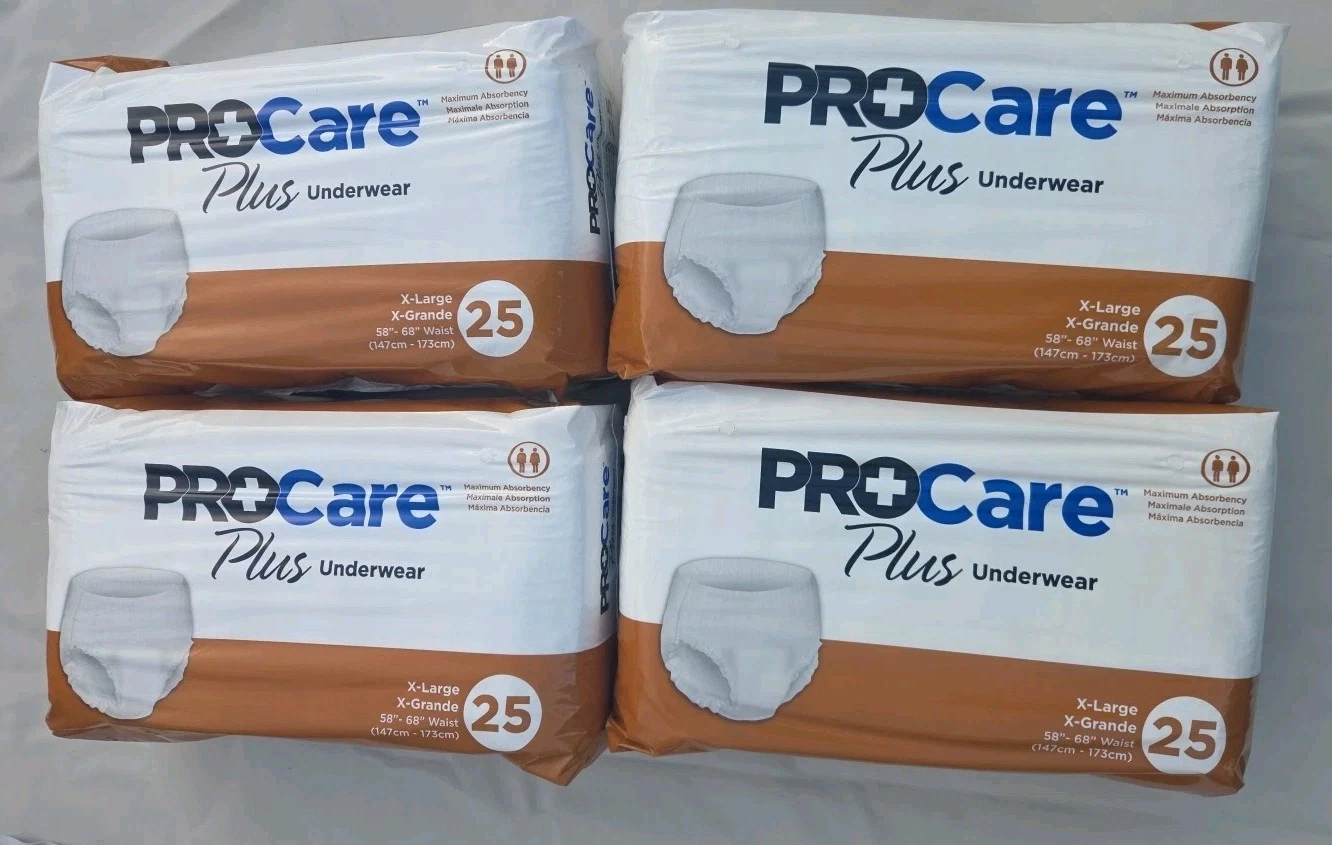 ProCare Plus Underwear X-Large (XL), 4 packs of 25 (100 count total) – New/Seale
