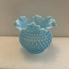Vintage Fenton Hobnail Vase - Blue Opalescent - Furled Top 