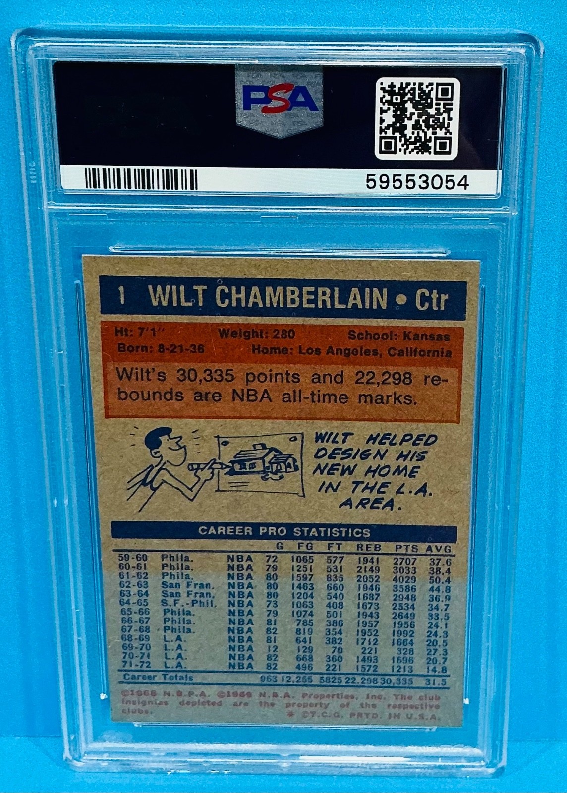 1972 Topps Basketball Wilt Chamberlain Card #1 PSA 7 NR- Mint  view 2
