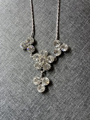 Vintage clear rhinestone bib necklace silver ton prong set mid century
