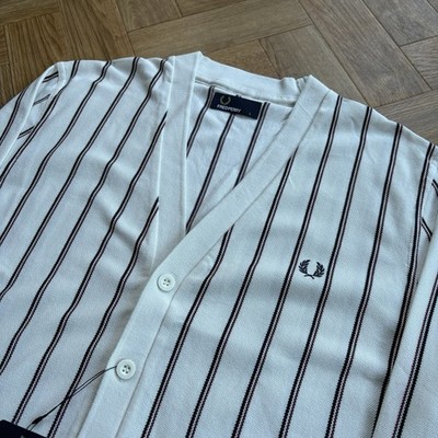 BNWT Fred Perry Club Stripe Cotton Cardigan Jumper Porcelain Mens Size Large