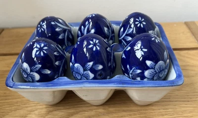 Set of 6 Decorative Royal Blue Ceramic Eggs in Ceramic Crate Holder Hand Painted - Image 1 of 4