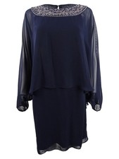 Xscape Women's Embellished Chiffon Cape Dress (6, Navy/Gunmetal) 191837042049