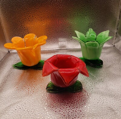 3 Hand Blown Art Glass Red, Orange & Green Flower Votive Candle Holders