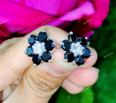 2Ct Lab-Created Black Diamond Flower Stud Earring 14K White Gold Plated Silver