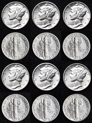 1940 1941 1942 1943 1944 1945 Mercury Silver Dime Nice AU 6 Coin Lot FREE S/H