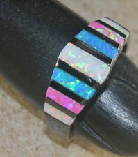 BLACK SILVER Elegant Blue, White  Pink Fire Opal Rainbow Ring WR41505