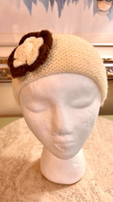Vintage Handmade Knit Yarn Wool Kids Girls Hat Beanie Cream Flower