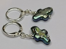 S925 Cultured Freshwater Pearl Earrings Leverback Peacock Biwa Cross Pearl 960