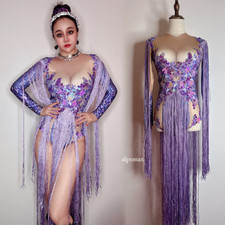 Purple Sequins Stretch Bodysuit Singer Tassel Jumpsuit Drag Queen Rave Outfit