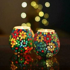 Multicolor Flowers Glass Candle Holder Mosaic Tea Light Holder