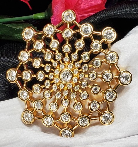 Vintage Gold Swan Swarovski Crystal Snowflake Brooch Pin