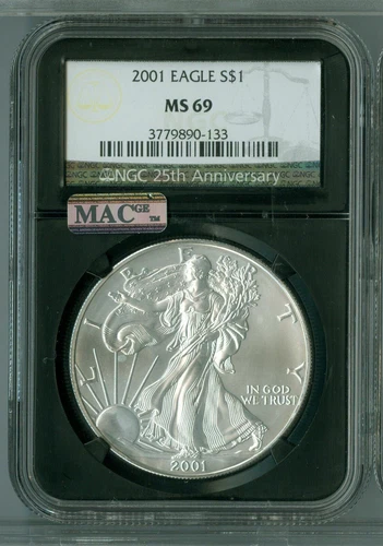 2001 SILVER EAGLE 1 OZ $1 NGC MAC MS69 PQ RETRO BLACK HOLDER MAC SPOTLESS *