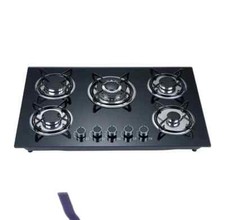 5 BURNER GAS HOB, GLASS ON BLACK SURFACE, SET WITH BLACK CAST IRON GRIDDLES £400