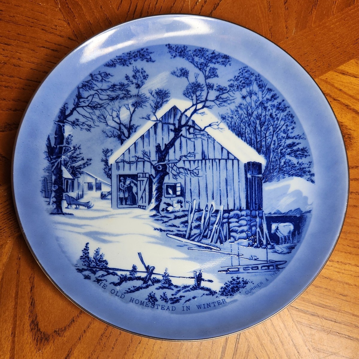 Currier Ives Blue White Porcelain Plate Old Homestead Winter Japan