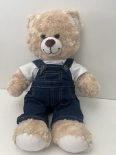 Build A Bear Workshop Tan Teddy Bear Curly Fur 16" Overalls Plush Stuffed Toy