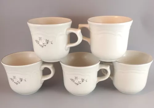 Pfaltzgraff Heirloom Flat Coffee Cups Mugs (Set of 5) White Flowers Gray Leaves
