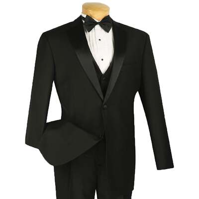 VINCI Men's Black 4pc Tuxedo w/ Sateen Lapel, Trim, Adj Waist & Bow Tie - NEW