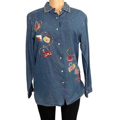 Bobbie Brooks Vintage Denim  Embroidered Chic Shirt Rhinestones Purses Size S