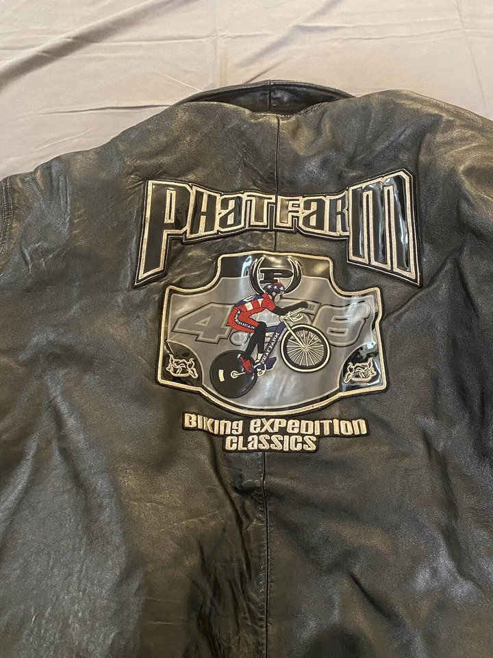 Chaqueta de motociclista de bombardero con cremallera de cuero negro Phat Farm para hombre talla 5XL Foto 2 de 4