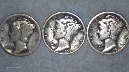 (#135)  1923, 1927 & 1928 Mercury Dimes ~  GOOD~ 90% Silver
