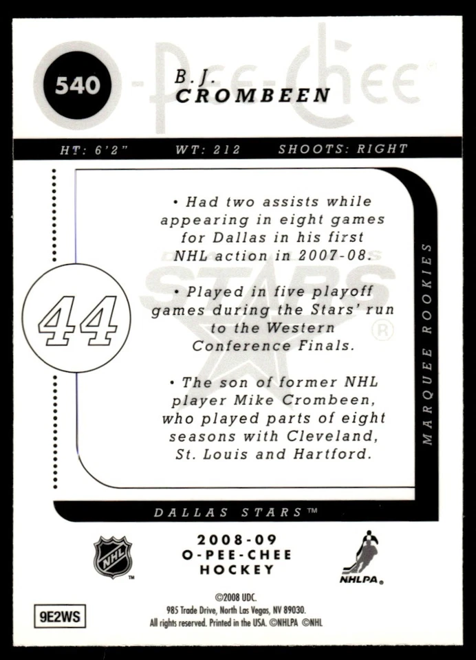 2008-09 O-Pee-Chee Metal B.J. Crombeen Rookie Dallas Stars #540 - Image 2 of 2