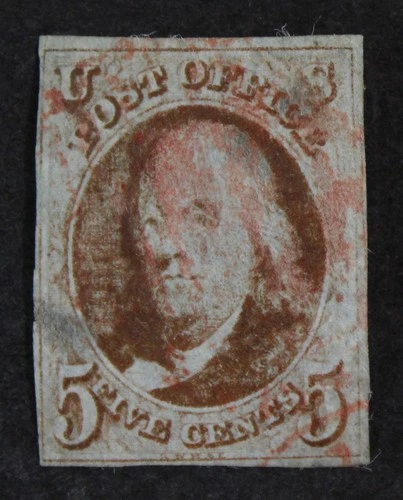 CKStamps: US Stamps Collection Scott#1 5c Franklin Used Small Thin