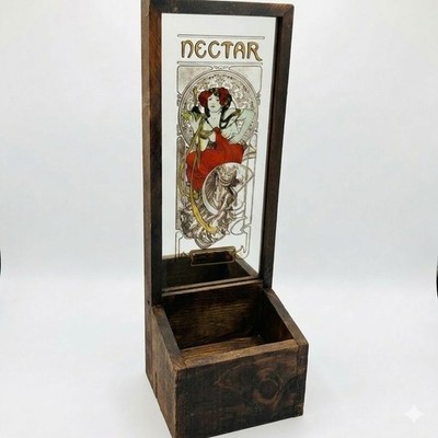 Vintage Alphonse Mucha Nectar Liqueur Mirror Art Nouveau Wood Planter Box Sign