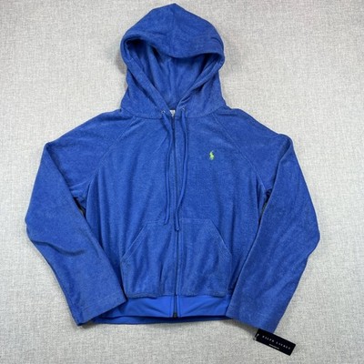 Ralph Lauren Terry Cloth Full Zip Hoodie Women S Blue Soft Towel Knit Swim NEW