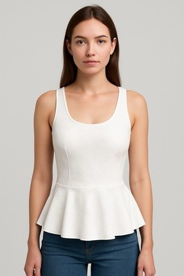 Y2K White Textured Peplum Tank Top Women s Scoop Neck Blouse 5-7-9 Y2k Angelcore