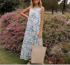 Marimekko X Uniqlo Dress Womens XS Blue Floral Strappy Maxi Sundress Cotton