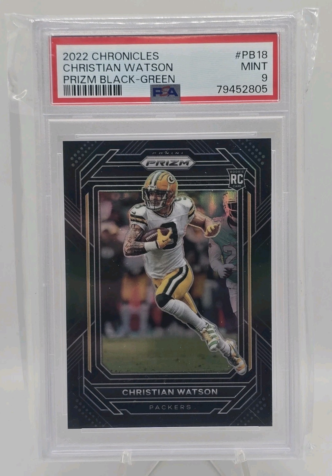 2022 Panini Chronicles Prizm Black Green Christian Watson /49 PSA 9 Packers
