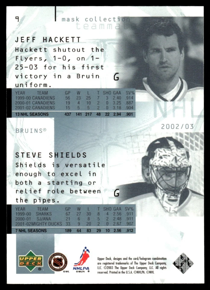 2002-03 Upper Deck Mask Collection Steve Shields/Jeff Hackett Boston Bruins #9 - Image 2 of 2