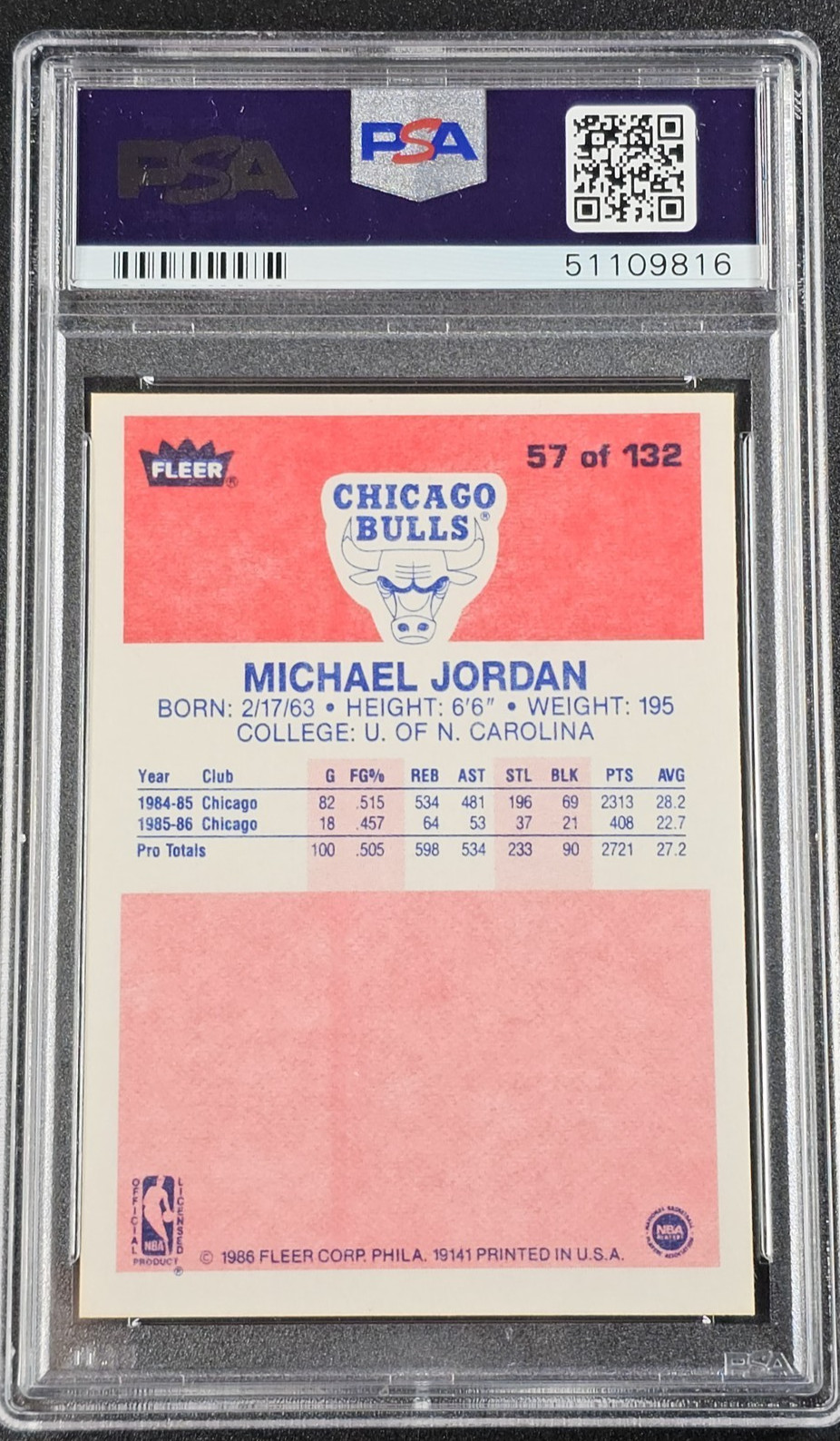 MICHAEL JORDAN 1986-87 FLEER #57 ROOKIE BULLS RC NBA BASKETBALL PSA 8 view 2