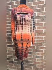 Fashion Nova Tie Dye Cutout Midi Dress Long Sleeve Orange Black Size Small